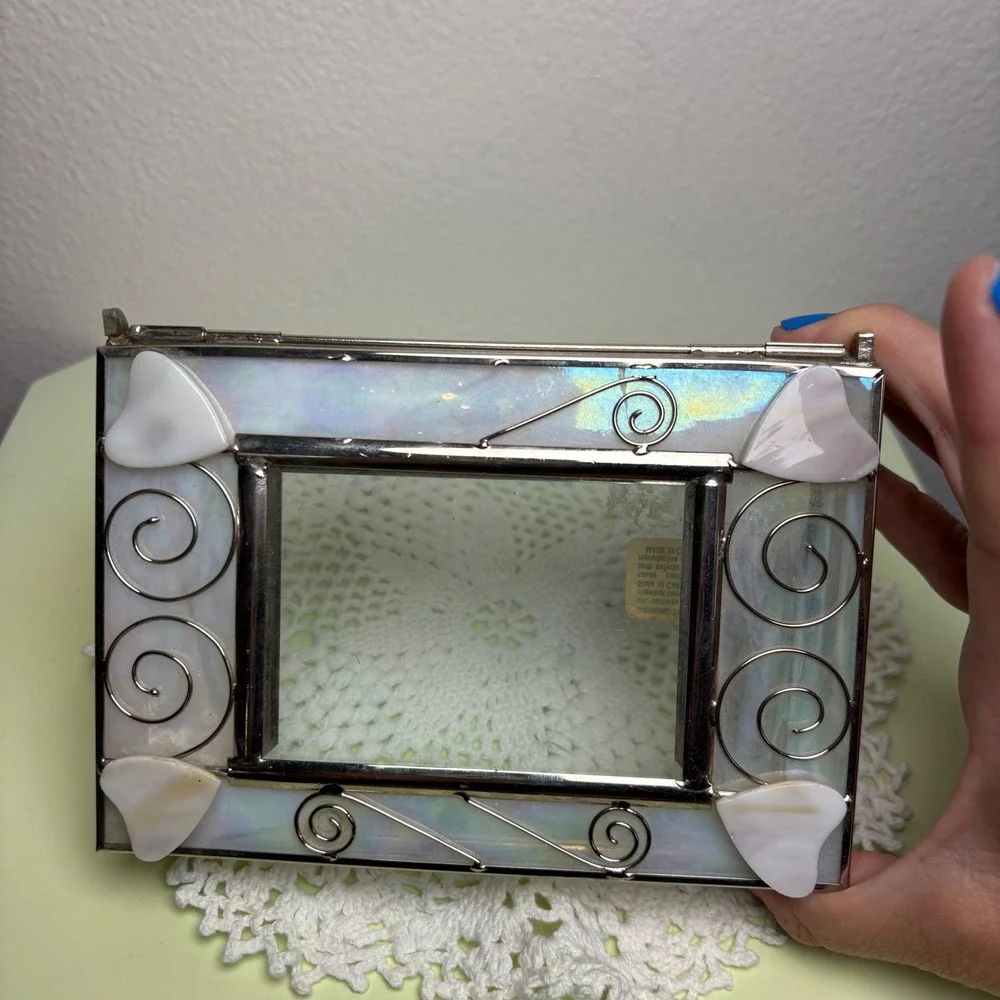 Vintage White Rectangular Jewelry Box Iridescent Hearts Stained Glass